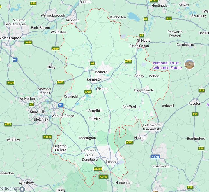Map of Bedfordshire to show where HSD Hire operate and provide scaffolding services.